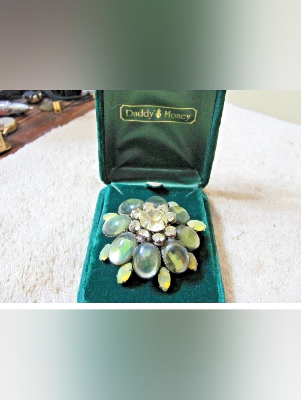 Vintage Green And Clear Stone Brooch